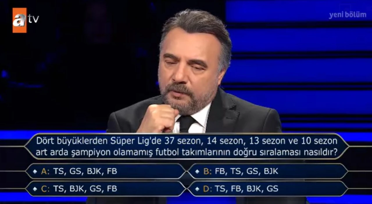 Dört büyüklerden Süper Lig’de 37 sezon, 14 sezon, 13 sezon ve 10 sezon art arda şampiyon olamamış futbol takımlarının doğru sıralaması nasıldır?